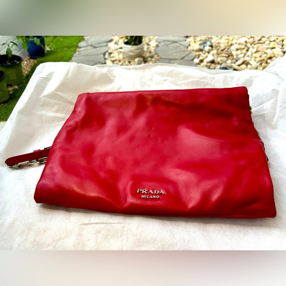 PRADA
Red Soft Calfskin Leather Fold Over Clutch Bag